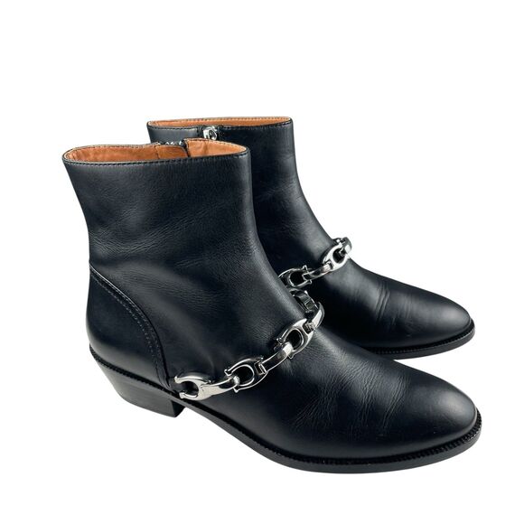 Coach Women's Allen Ankle Boots Size 8 B Black Leather Chain Detail Booties - Picture 1 of 14